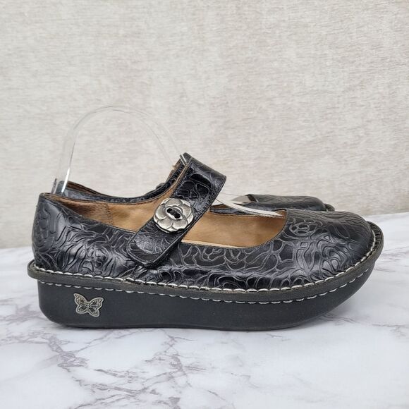 Alegria Paloma Black Rose Embossed Mary Jane Shoes Leather Women's Euro Size 39 - Picture 1 of 12